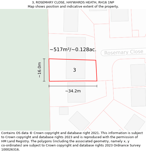 3, ROSEMARY CLOSE, HAYWARDS HEATH, RH16 1NP: Plot and title map