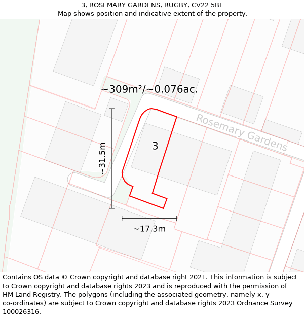 3, ROSEMARY GARDENS, RUGBY, CV22 5BF: Plot and title map