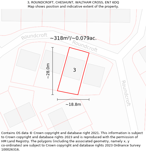 3, ROUNDCROFT, CHESHUNT, WALTHAM CROSS, EN7 6DQ: Plot and title map