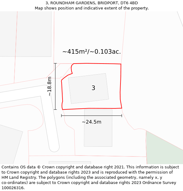 3, ROUNDHAM GARDENS, BRIDPORT, DT6 4BD: Plot and title map