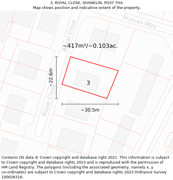 3, ROYAL CLOSE, SHANKLIN, PO37 7HA: Plot and title map