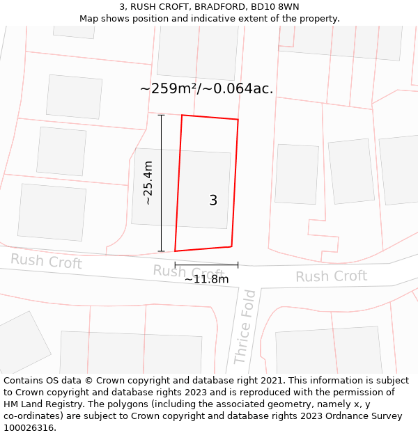 3, RUSH CROFT, BRADFORD, BD10 8WN: Plot and title map