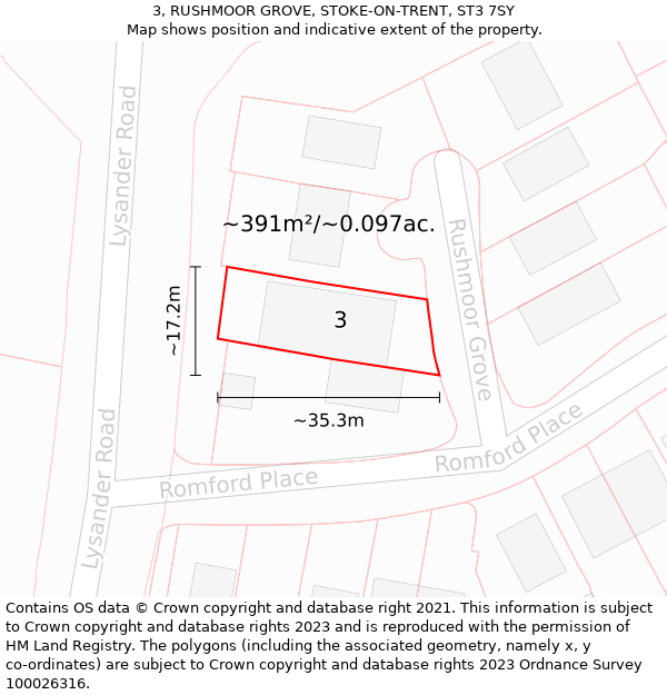3, RUSHMOOR GROVE, STOKE-ON-TRENT, ST3 7SY: Plot and title map