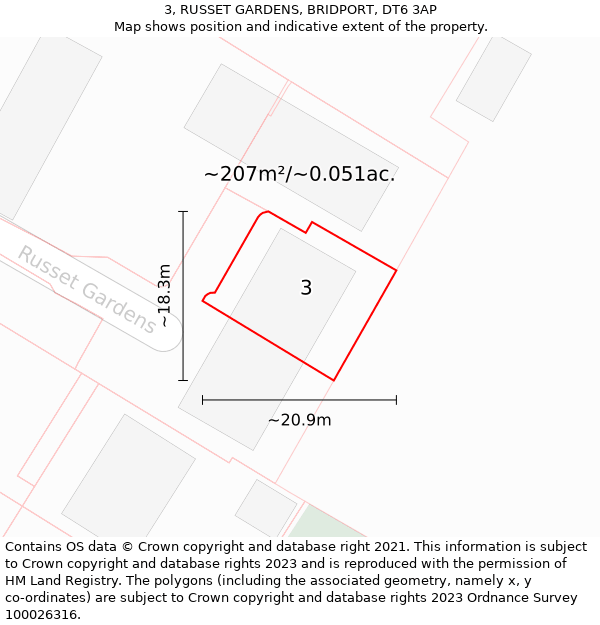 3, RUSSET GARDENS, BRIDPORT, DT6 3AP: Plot and title map