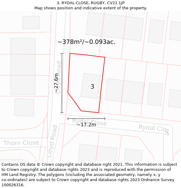 3, RYDAL CLOSE, RUGBY, CV21 1JP: Plot and title map