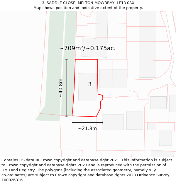 3, SADDLE CLOSE, MELTON MOWBRAY, LE13 0SX: Plot and title map