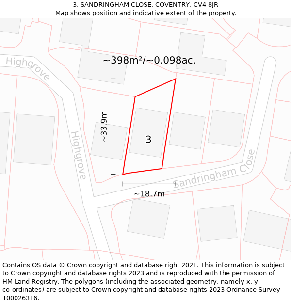 3, SANDRINGHAM CLOSE, COVENTRY, CV4 8JR: Plot and title map