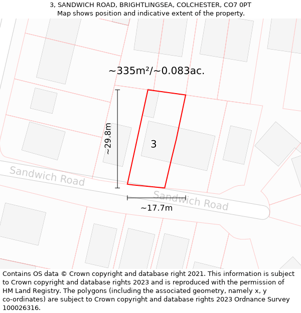 3, SANDWICH ROAD, BRIGHTLINGSEA, COLCHESTER, CO7 0PT: Plot and title map