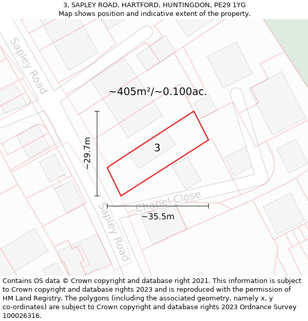 3, SAPLEY ROAD, HARTFORD, HUNTINGDON, PE29 1YG: Plot and title map