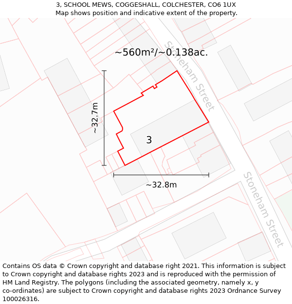 3, SCHOOL MEWS, COGGESHALL, COLCHESTER, CO6 1UX: Plot and title map