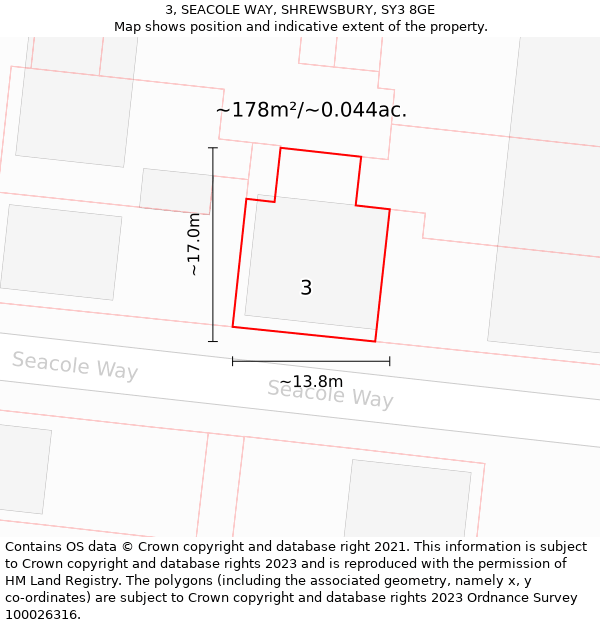 3, SEACOLE WAY, SHREWSBURY, SY3 8GE: Plot and title map