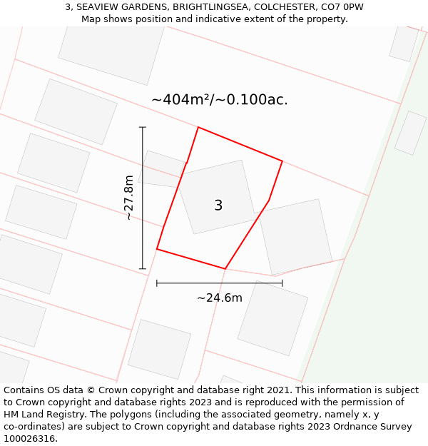 3, SEAVIEW GARDENS, BRIGHTLINGSEA, COLCHESTER, CO7 0PW: Plot and title map