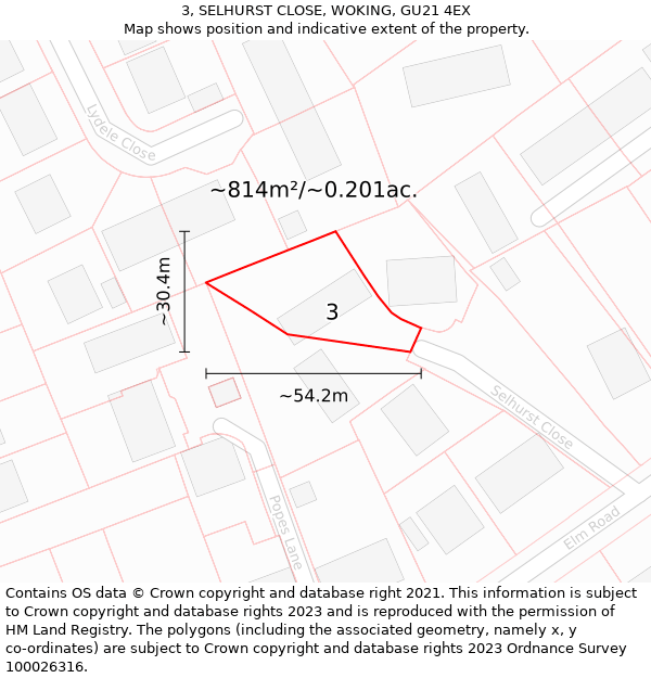 3, SELHURST CLOSE, WOKING, GU21 4EX: Plot and title map