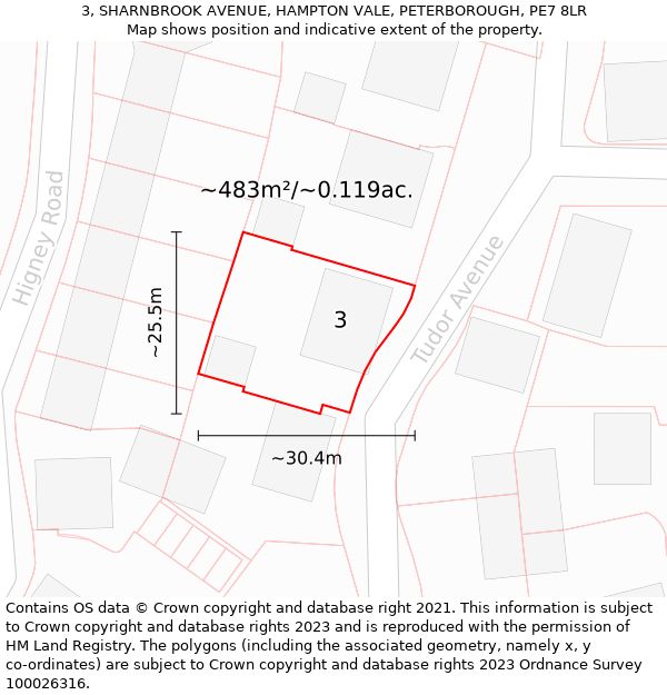 3, SHARNBROOK AVENUE, HAMPTON VALE, PETERBOROUGH, PE7 8LR: Plot and title map