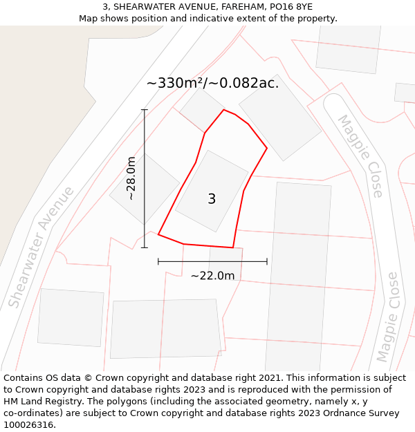 3, SHEARWATER AVENUE, FAREHAM, PO16 8YE: Plot and title map