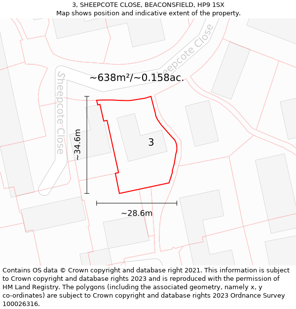 3, SHEEPCOTE CLOSE, BEACONSFIELD, HP9 1SX: Plot and title map