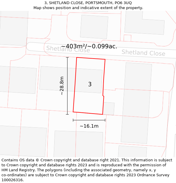 3, SHETLAND CLOSE, PORTSMOUTH, PO6 3UQ: Plot and title map