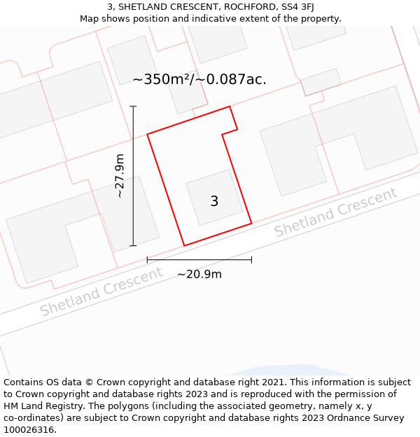 3, SHETLAND CRESCENT, ROCHFORD, SS4 3FJ: Plot and title map