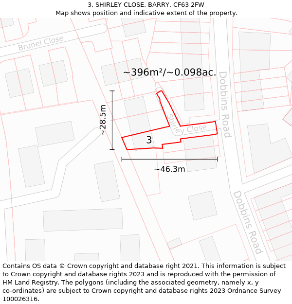 3, SHIRLEY CLOSE, BARRY, CF63 2FW: Plot and title map