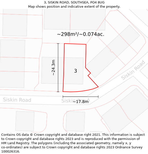 3, SISKIN ROAD, SOUTHSEA, PO4 8UG: Plot and title map