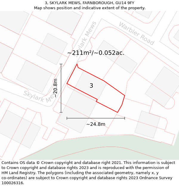 3, SKYLARK MEWS, FARNBOROUGH, GU14 9FY: Plot and title map