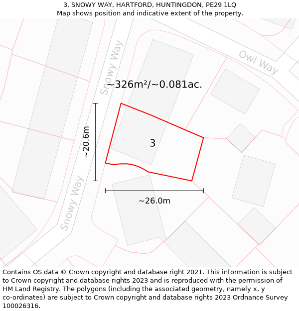 3, SNOWY WAY, HARTFORD, HUNTINGDON, PE29 1LQ: Plot and title map