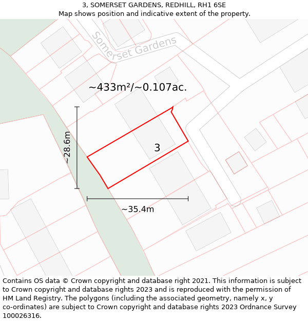 3, SOMERSET GARDENS, REDHILL, RH1 6SE: Plot and title map