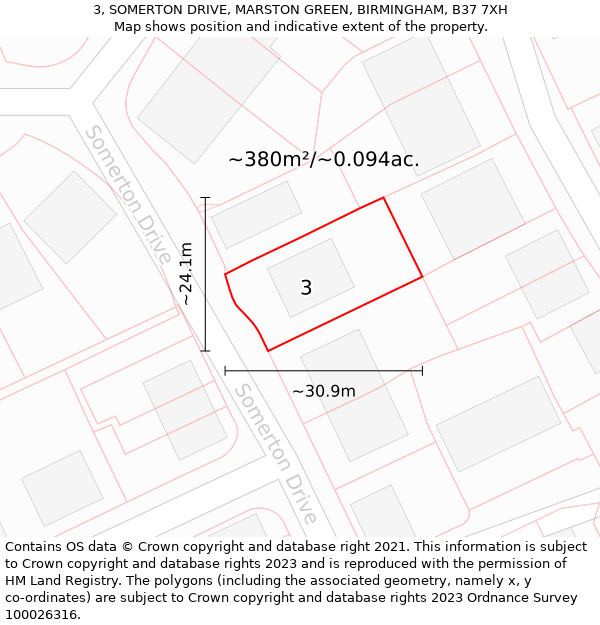 3, SOMERTON DRIVE, MARSTON GREEN, BIRMINGHAM, B37 7XH: Plot and title map