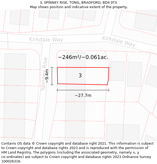 3, SPINNEY RISE, TONG, BRADFORD, BD4 0TX: Plot and title map