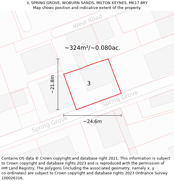 3, SPRING GROVE, WOBURN SANDS, MILTON KEYNES, MK17 8RY: Plot and title map