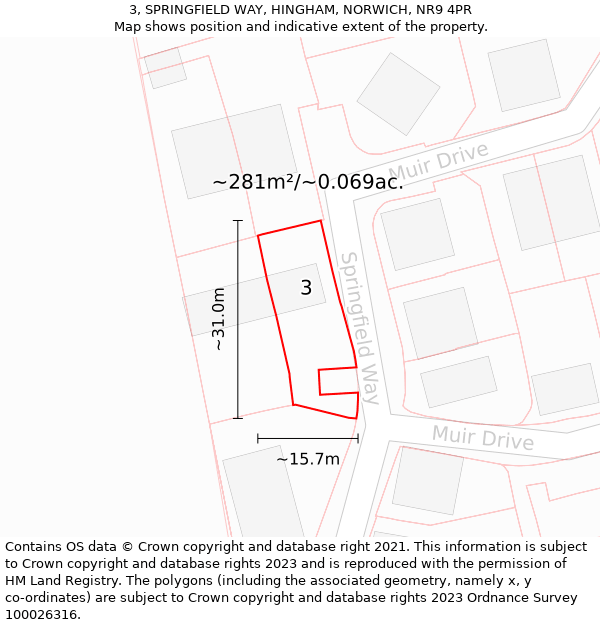 3, SPRINGFIELD WAY, HINGHAM, NORWICH, NR9 4PR: Plot and title map