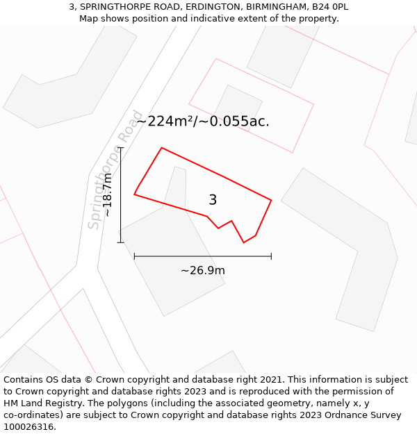 3, SPRINGTHORPE ROAD, ERDINGTON, BIRMINGHAM, B24 0PL: Plot and title map