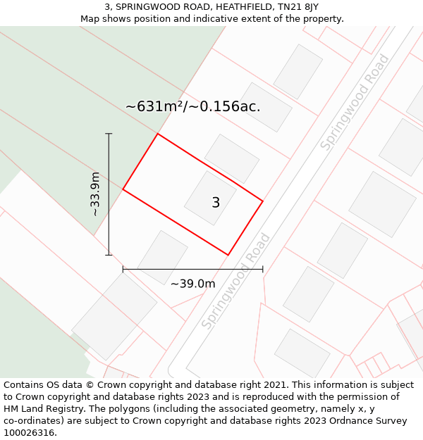 3, SPRINGWOOD ROAD, HEATHFIELD, TN21 8JY: Plot and title map