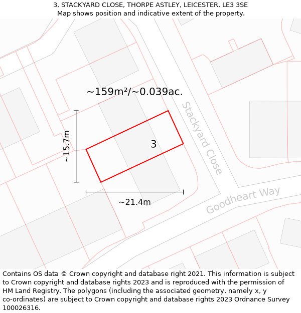 3, STACKYARD CLOSE, THORPE ASTLEY, LEICESTER, LE3 3SE: Plot and title map