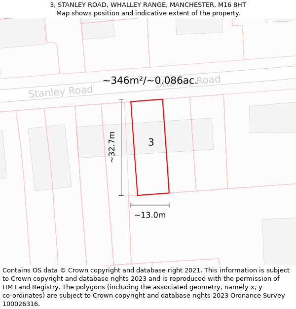 3, STANLEY ROAD, WHALLEY RANGE, MANCHESTER, M16 8HT: Plot and title map