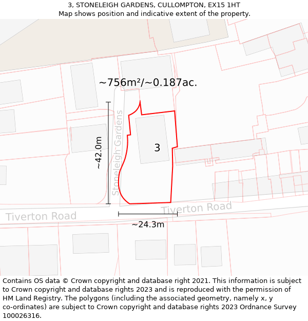 3, STONELEIGH GARDENS, CULLOMPTON, EX15 1HT: Plot and title map
