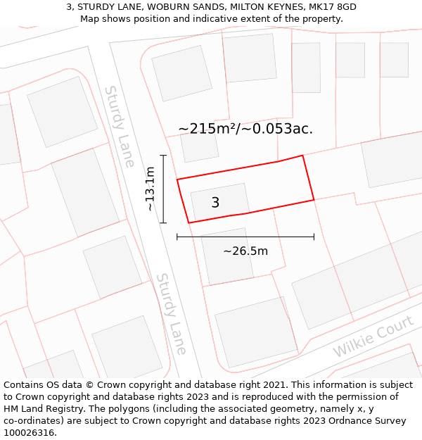 3, STURDY LANE, WOBURN SANDS, MILTON KEYNES, MK17 8GD: Plot and title map