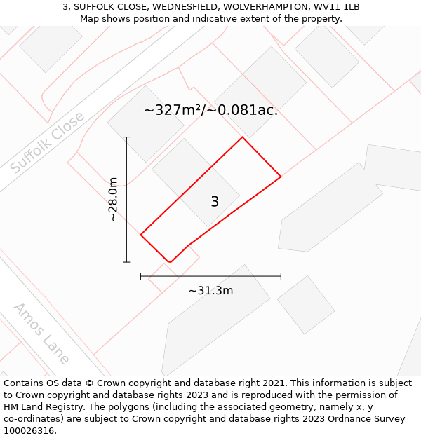 3, SUFFOLK CLOSE, WEDNESFIELD, WOLVERHAMPTON, WV11 1LB: Plot and title map