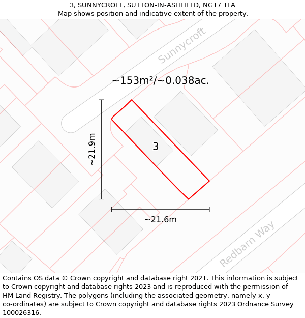 3, SUNNYCROFT, SUTTON-IN-ASHFIELD, NG17 1LA: Plot and title map