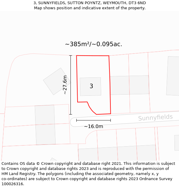 3, SUNNYFIELDS, SUTTON POYNTZ, WEYMOUTH, DT3 6ND: Plot and title map