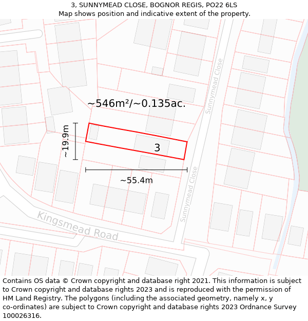 3, SUNNYMEAD CLOSE, BOGNOR REGIS, PO22 6LS: Plot and title map