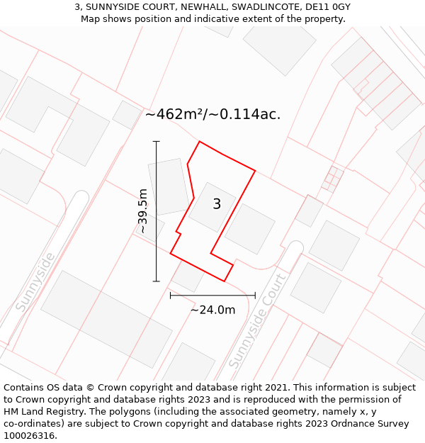 3, SUNNYSIDE COURT, NEWHALL, SWADLINCOTE, DE11 0GY: Plot and title map