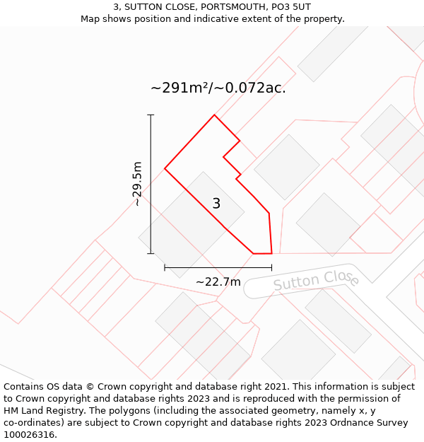 3, SUTTON CLOSE, PORTSMOUTH, PO3 5UT: Plot and title map