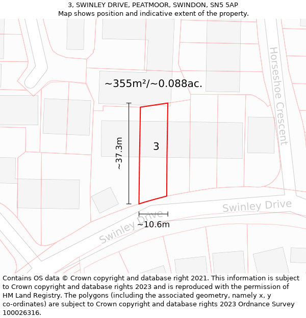 3, SWINLEY DRIVE, PEATMOOR, SWINDON, SN5 5AP: Plot and title map