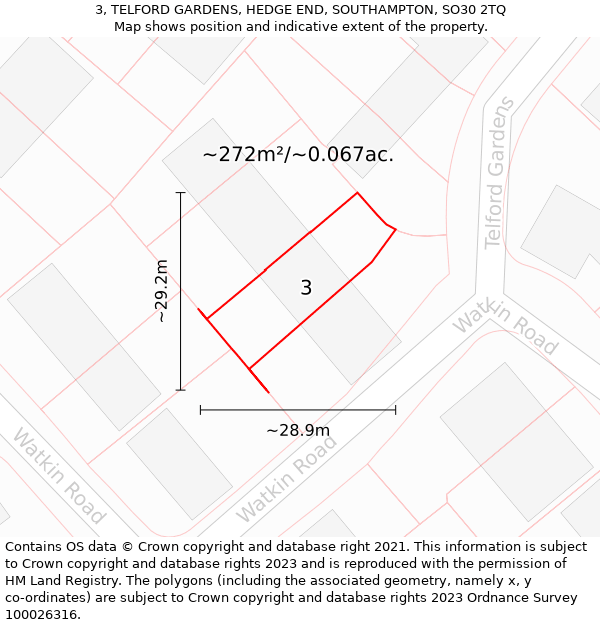 3, TELFORD GARDENS, HEDGE END, SOUTHAMPTON, SO30 2TQ: Plot and title map