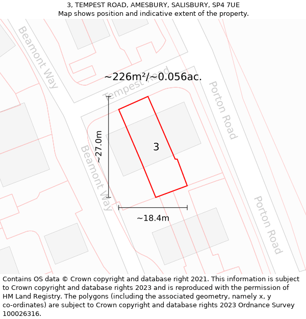 3, TEMPEST ROAD, AMESBURY, SALISBURY, SP4 7UE: Plot and title map