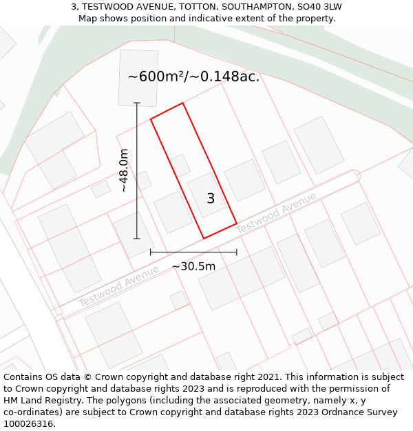 3, TESTWOOD AVENUE, TOTTON, SOUTHAMPTON, SO40 3LW: Plot and title map