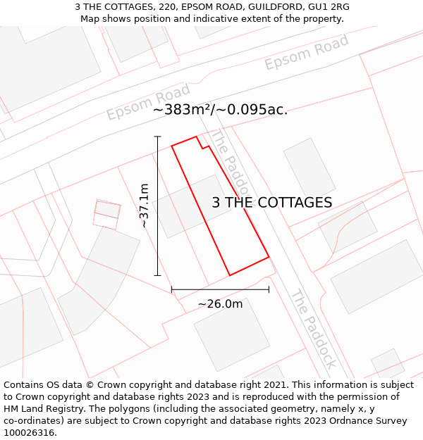 3 THE COTTAGES, 220, EPSOM ROAD, GUILDFORD, GU1 2RG: Plot and title map