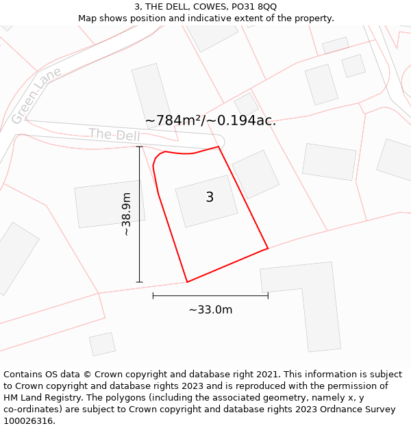 3, THE DELL, COWES, PO31 8QQ: Plot and title map
