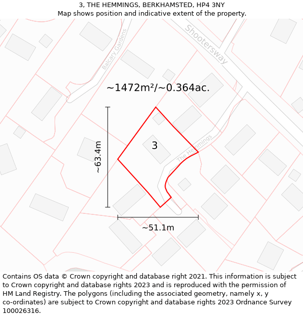 3, THE HEMMINGS, BERKHAMSTED, HP4 3NY: Plot and title map